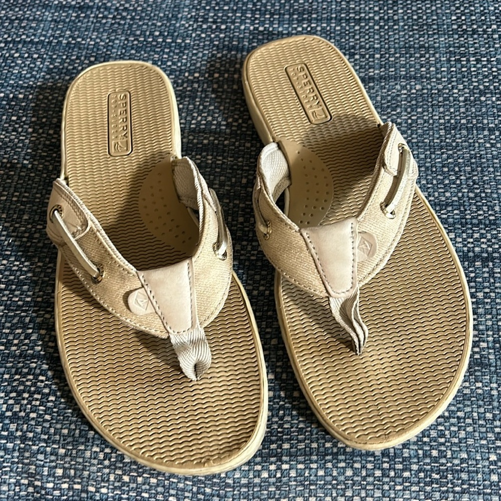 Sperry Sandals Flip Flops Slip On Beige Brown Fabric Strap Vacation Women's 8